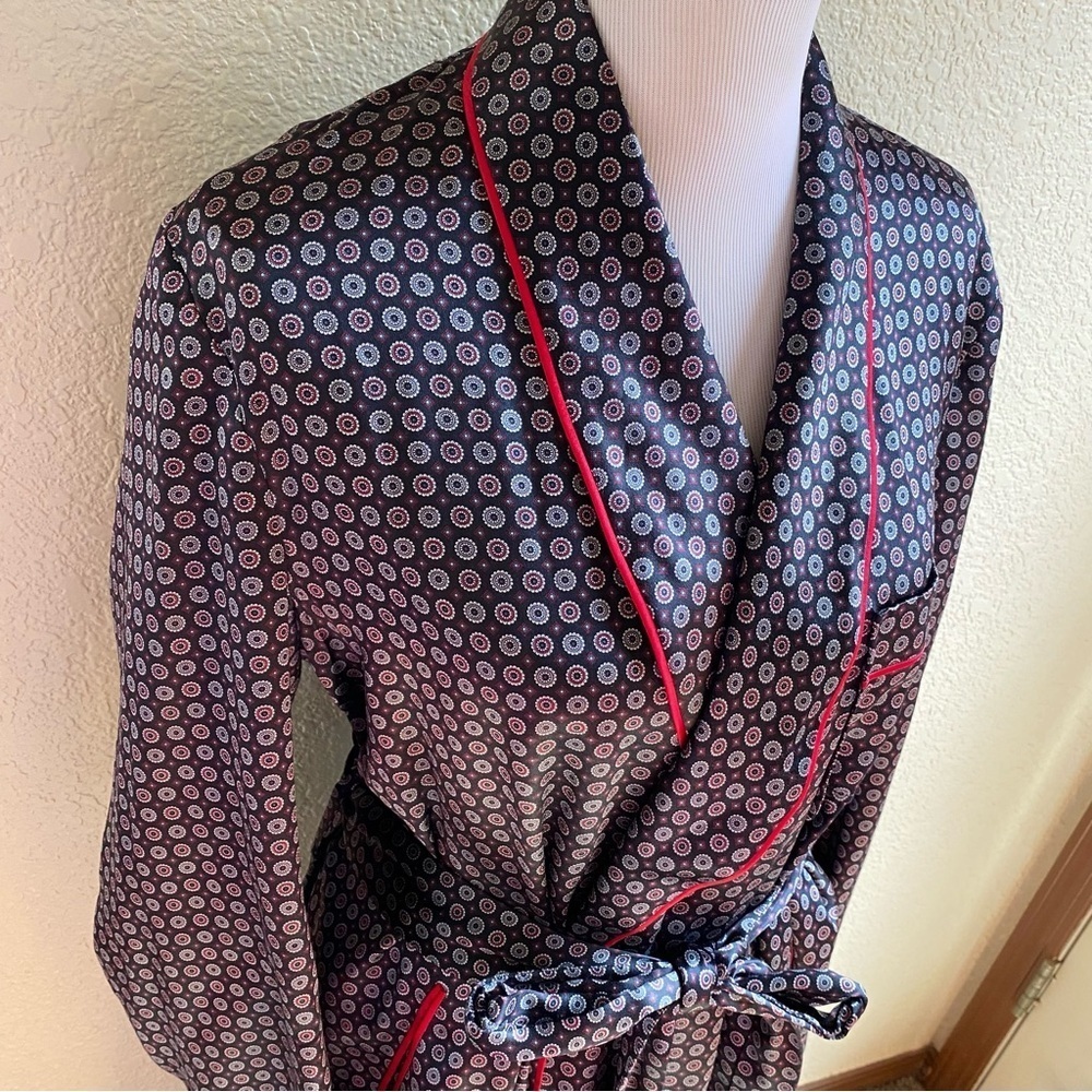 Sulka 100% Pure Silk Bath Robe Smoking Jacket Vintage One Size Unisex Blue Red - Picture 2 of 10